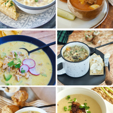 6 images of a variety of soups.