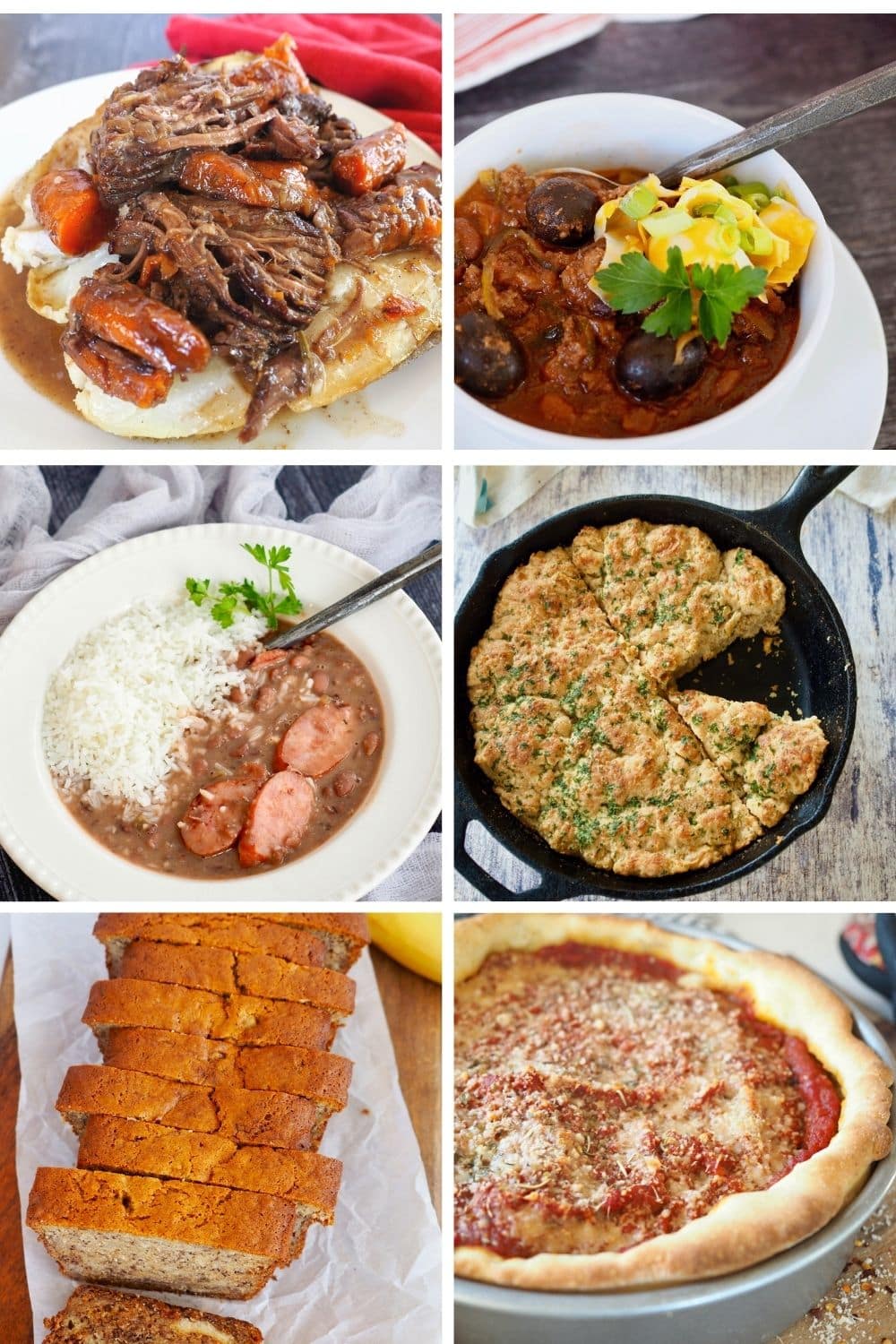 6 images of favorite recipes made this week, 1. Sunday Pot roast, 2. Firecracker Chili 3. Red Beans and Rice 4. Cheddar Bay Biscuits 5. Banana Bread 6. Chicago Style Deep Dish Pizza.