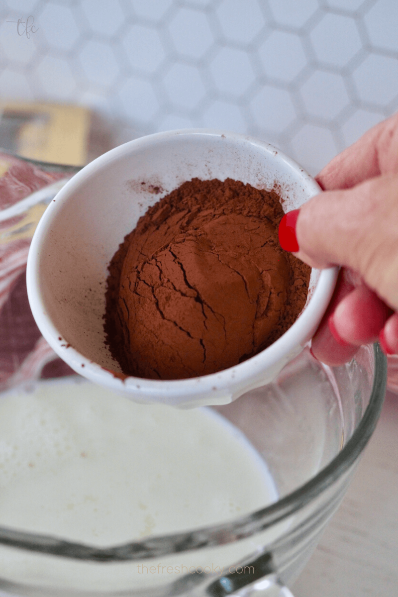 Adding Rodelle Organic Baking Cocoa to batter for Ferrero Rocher Ice Cream. 