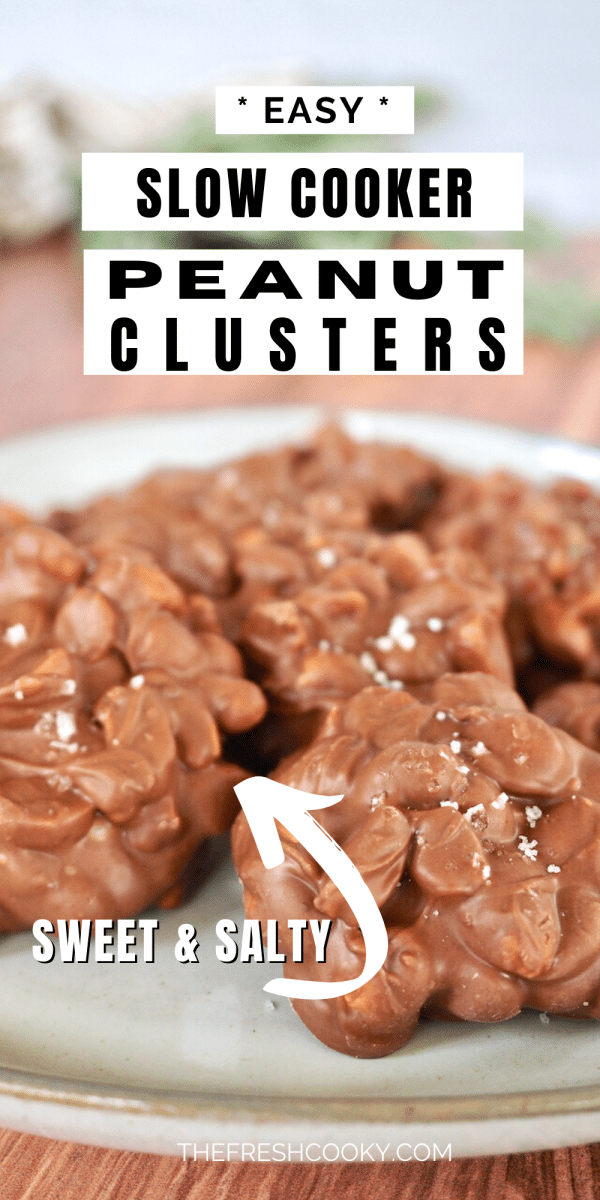 Easy Crockpot Peanut Clusters on plate sprinkled with flaky sea salt.