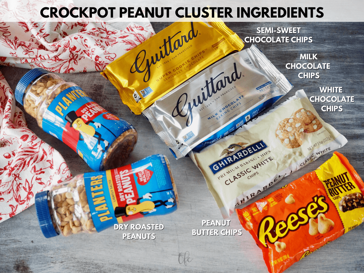 Labeled ingredients for crockpot peanut clusters.