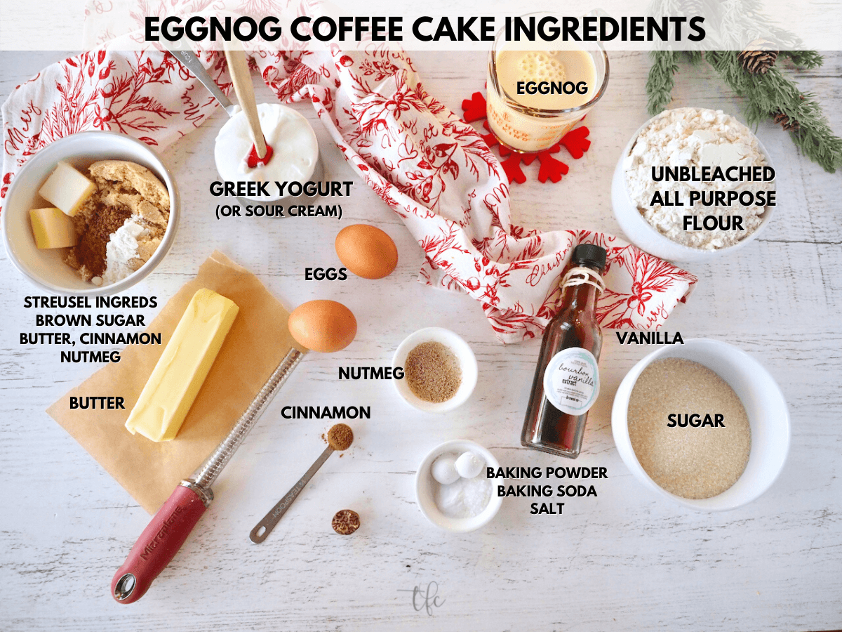 Eggnog coffee cake labeled ingredients.