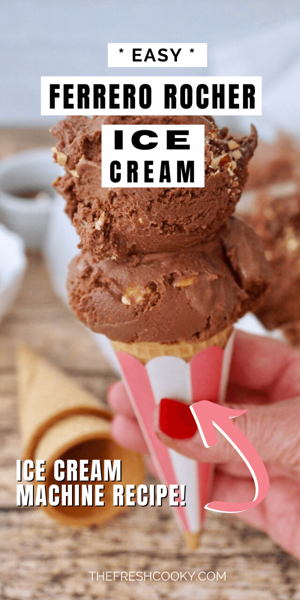 Long pin for Ferrero Rocher Ice cream, hand holding a sugar cone filled with two scoops of creamy chocolate Ferrero ice cream.