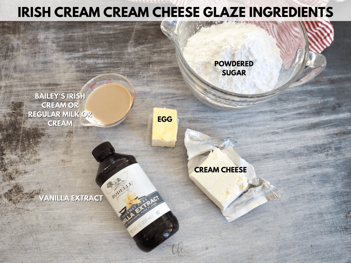Irish cream cream cheese glaze ingredients labeled.