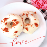 Red Velvet Donuts on plate that says love.