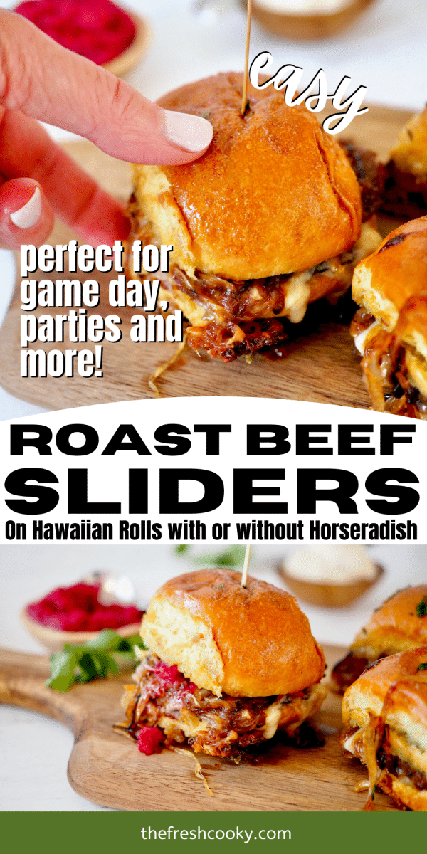 Best Roast Beef Sliders pin two images with hand grabbing slider and bottom image of melty gooey slider on a cutting board.