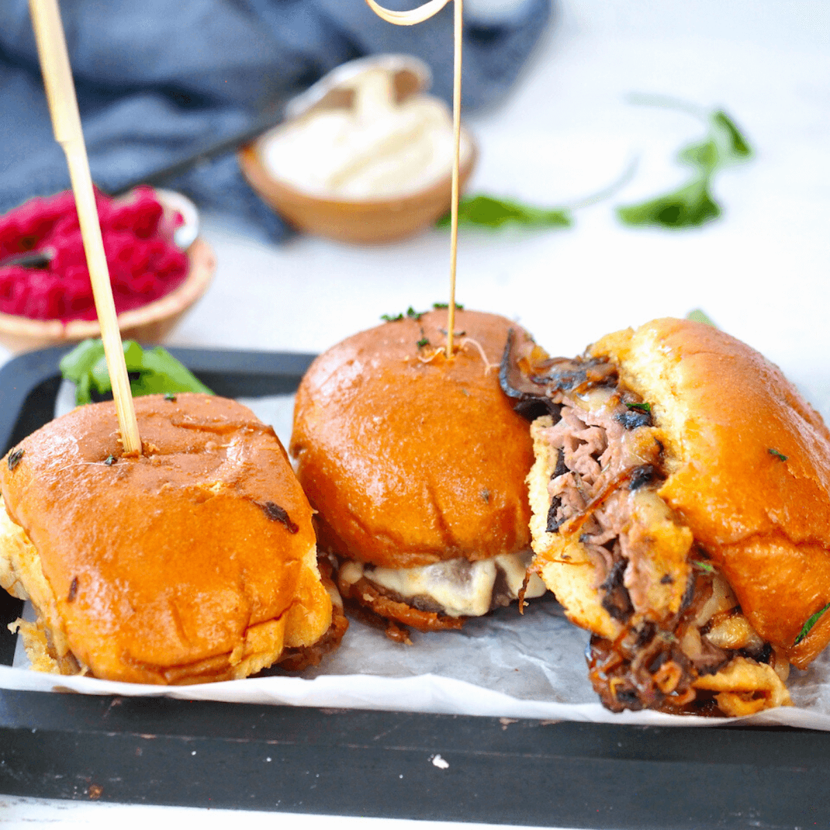 Roast Beef Sliders square image on tray.