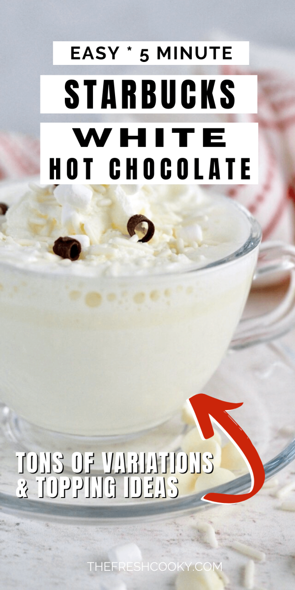 Long pin for Starbucks white hot chocolate, with glass teacup filled with creamy white hot cocoa.