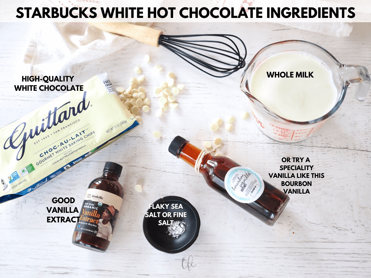 Labeled ingredients for Starbucks Copycat White Hot Chocolate.