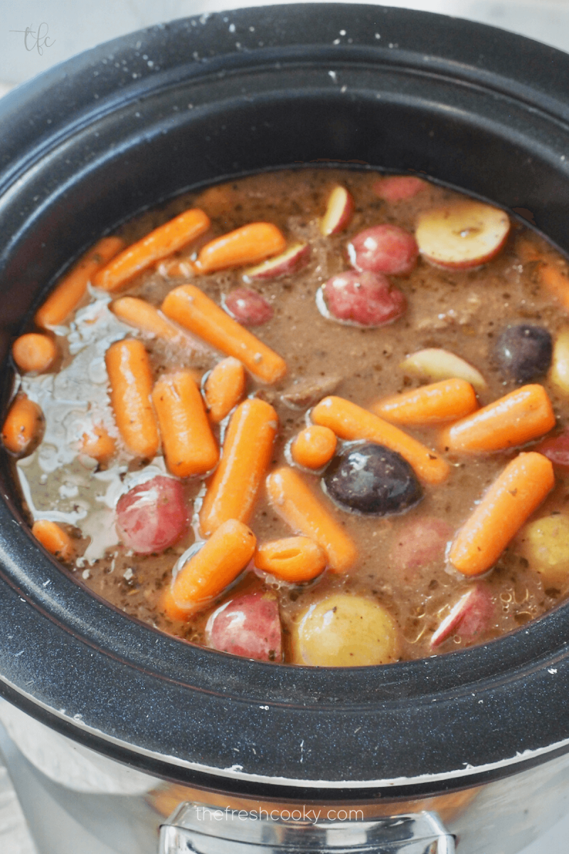 Last 3-4 hours, add in carrots and potatoes for crockpot London Broil. 