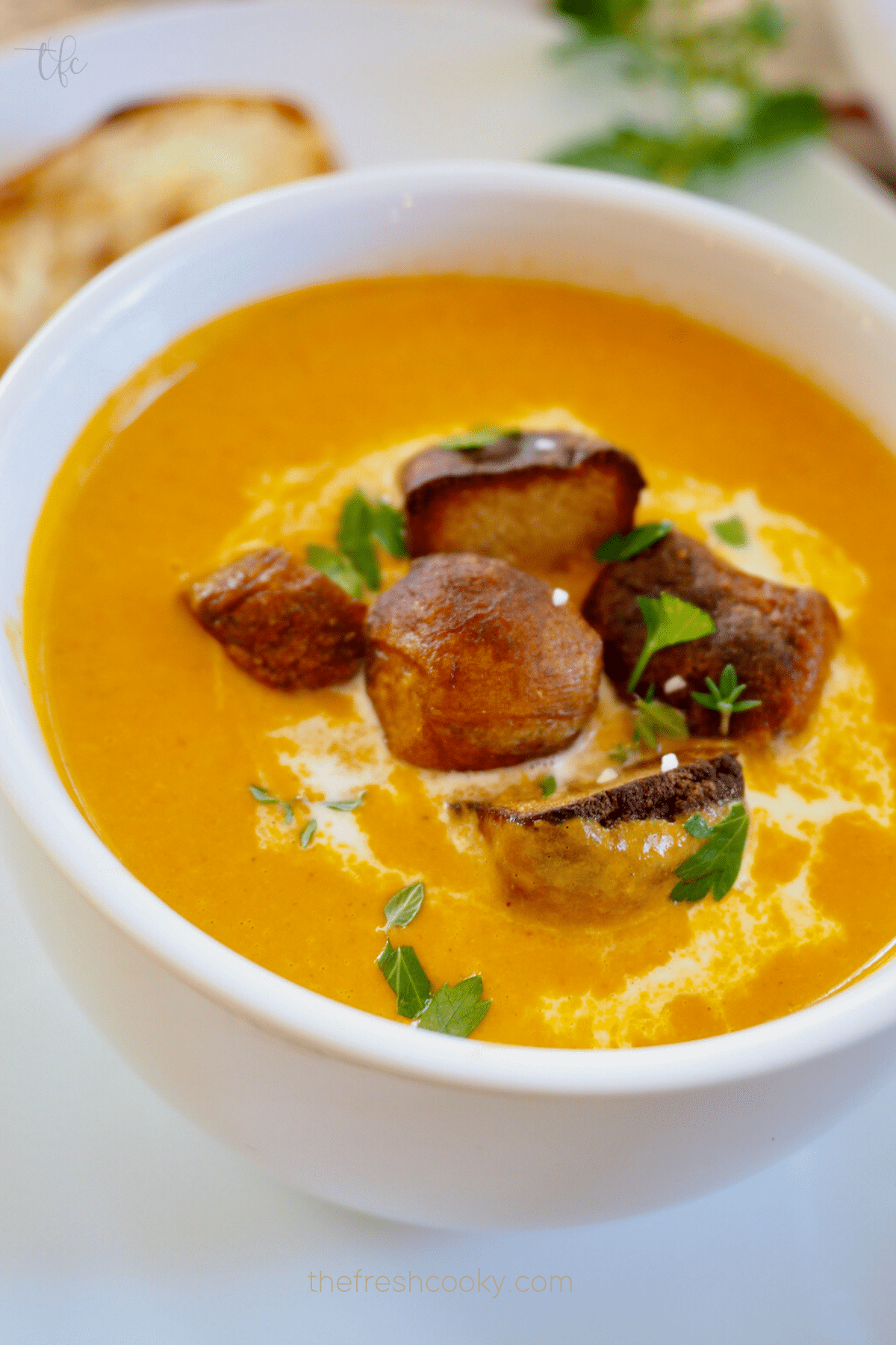 Creamy tomato bisque recipe in pretty white soup bowl with pretzel bite croutons and a grilled cheese in the background.