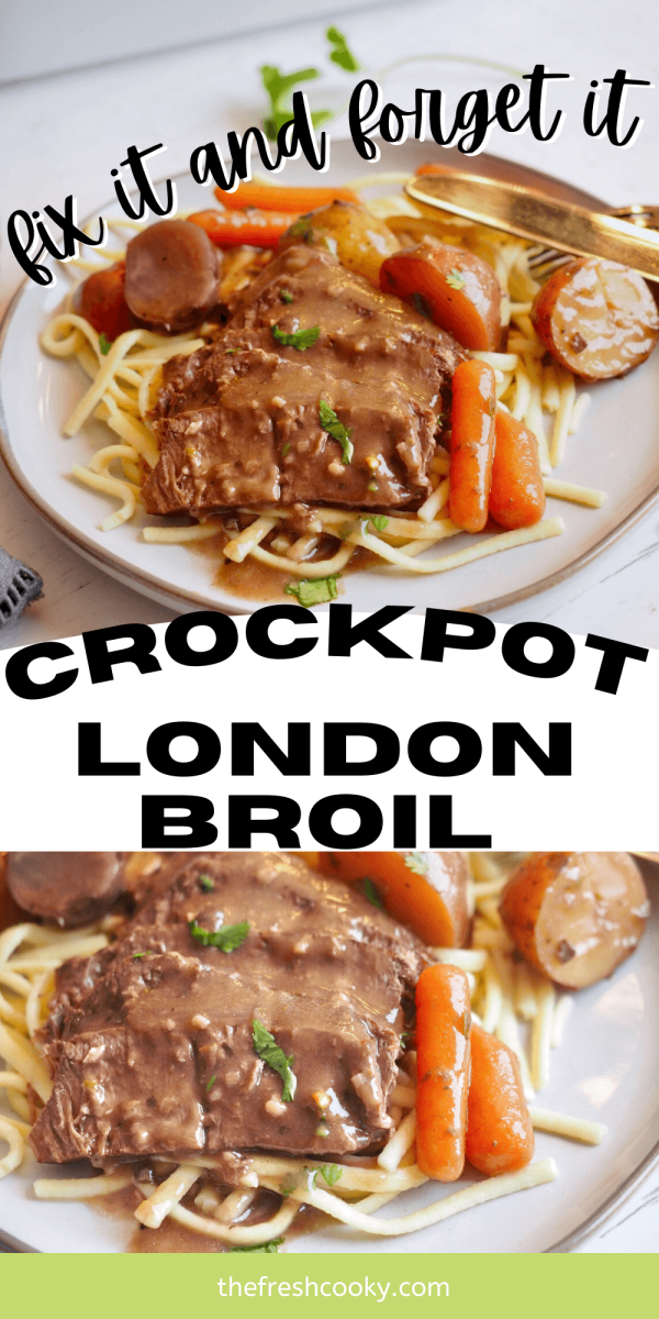 Crockpot London Broil Pin with top image of London Broil sliced on plate with veggies, bottom image close up of tender fall apart beef on plate.
