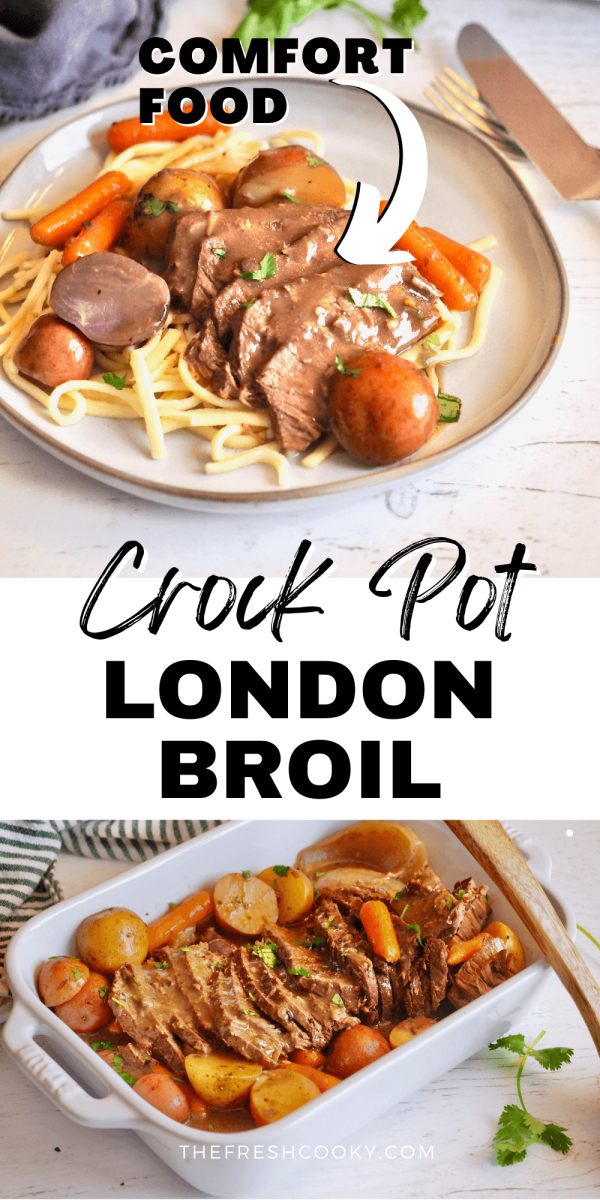 Pin for crockpot London Broil with top image of plate filled with tender beef, gravy and veggies and bottom image of London broil in casserole with gravy and veggies.