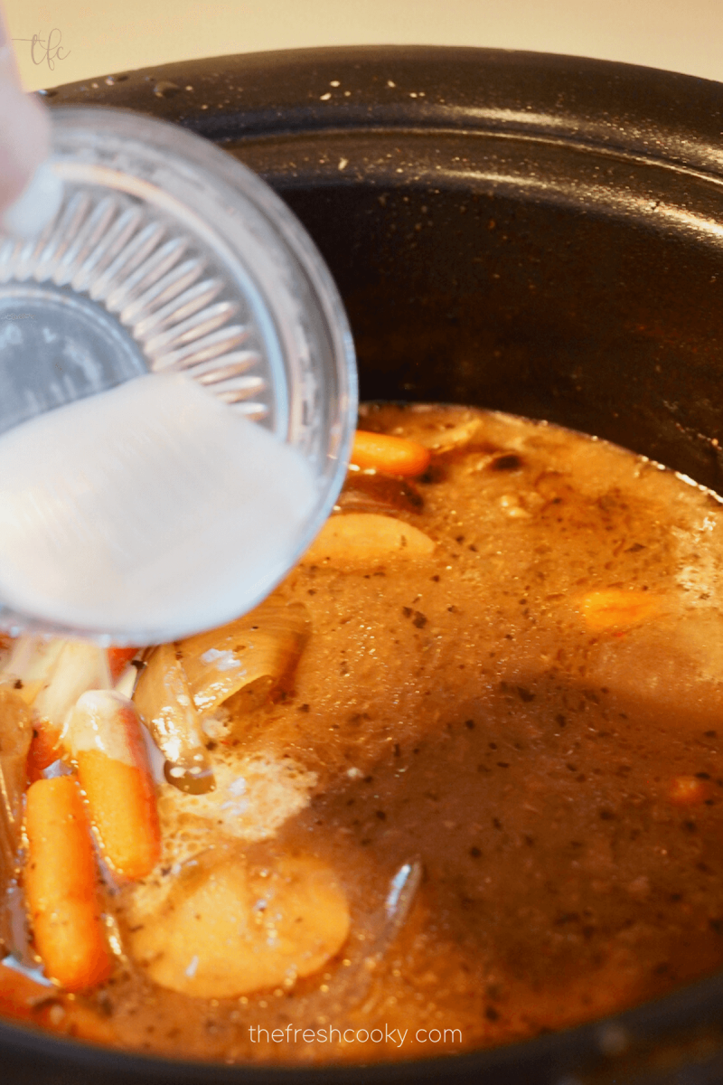 Stir in cornstarch slurry to thicken gravy if desired.