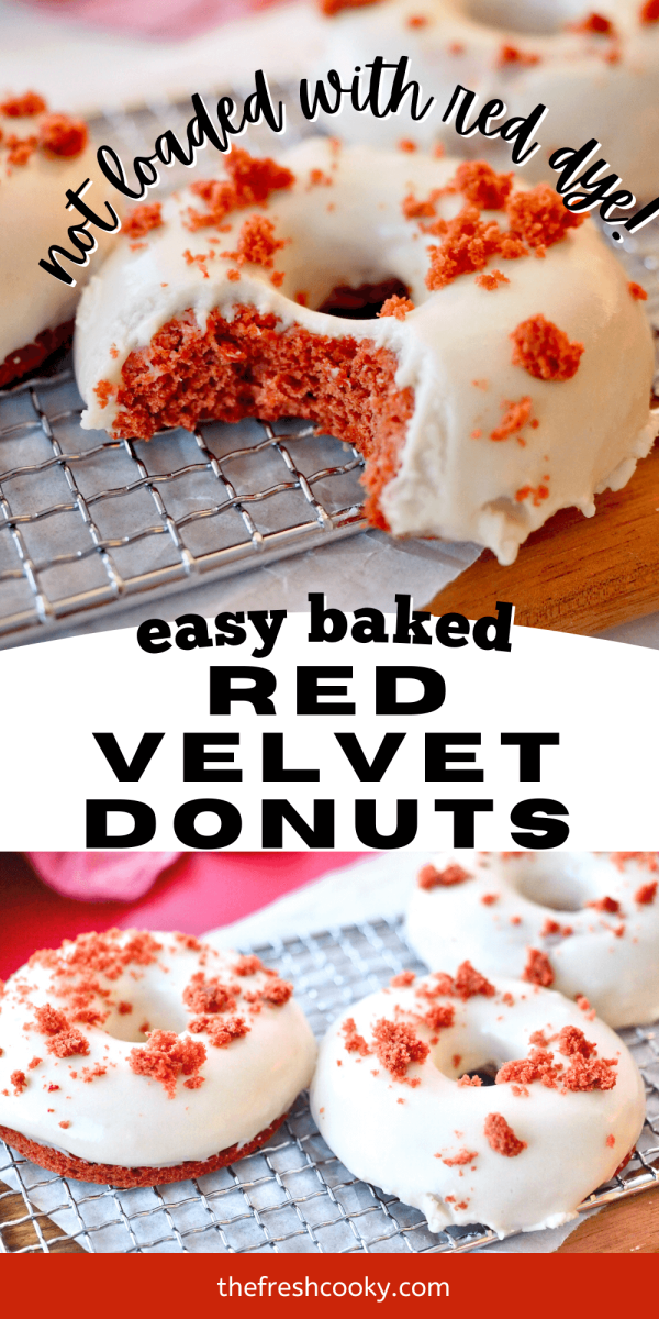 Easy red velvet donut pin with top image of bit taken out of donut and bottom image of two donuts on wire rack.
