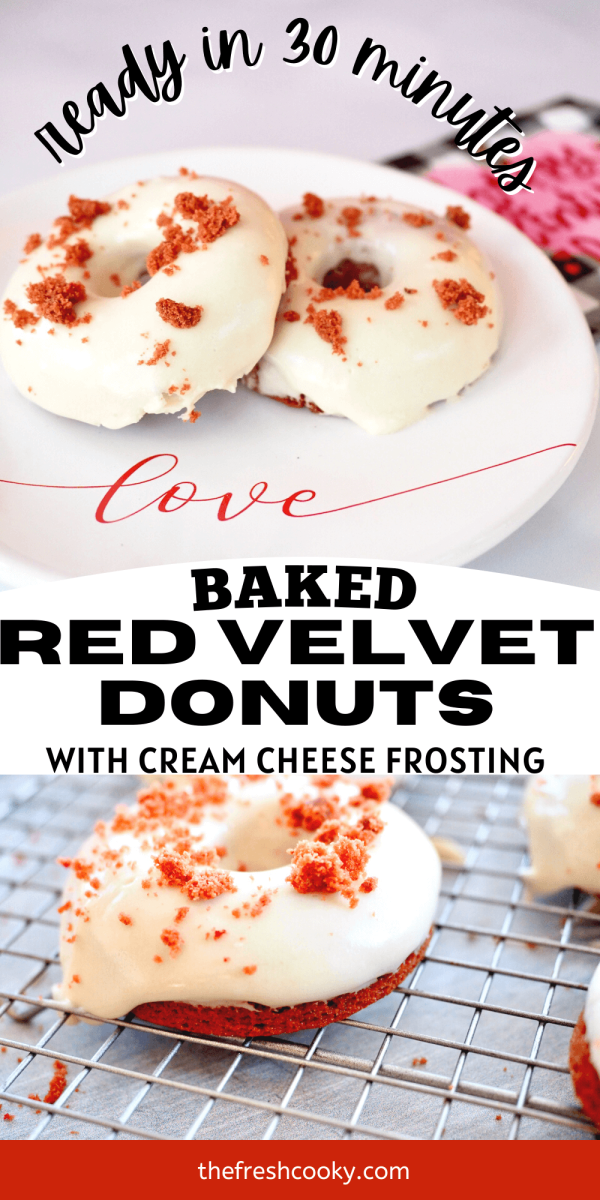 Easy red velvet donut pin with top image of two donuts on a plate that says love and bottom image donut on wire rack.