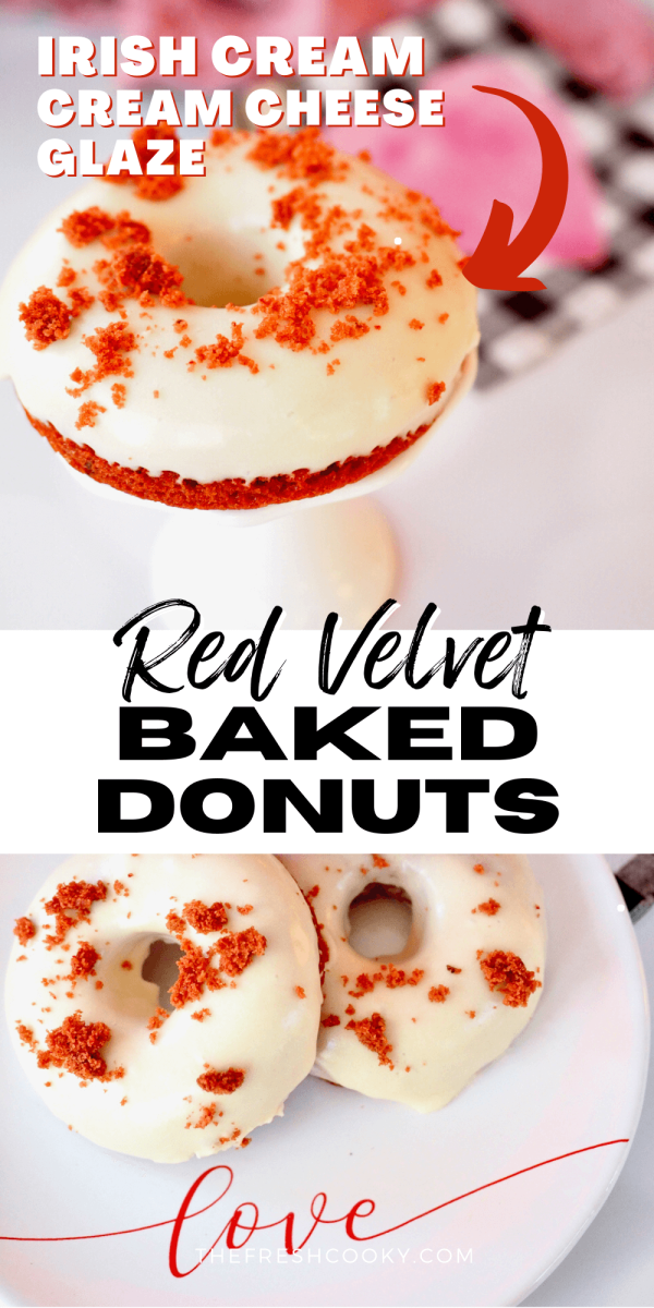 Red Velvet donuts pin with top image of red velvet donut on pedestal and bottom image of two red donuts on plate that says love.