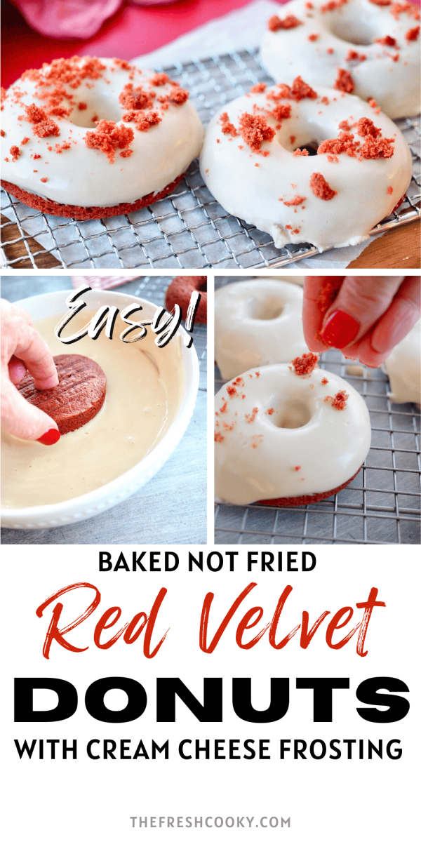 Red Velvet Donuts pin three images, top image of two red velvet donuts on wire rack, hand dipping donut in glaze and final image of sprinkling crumbles on top.