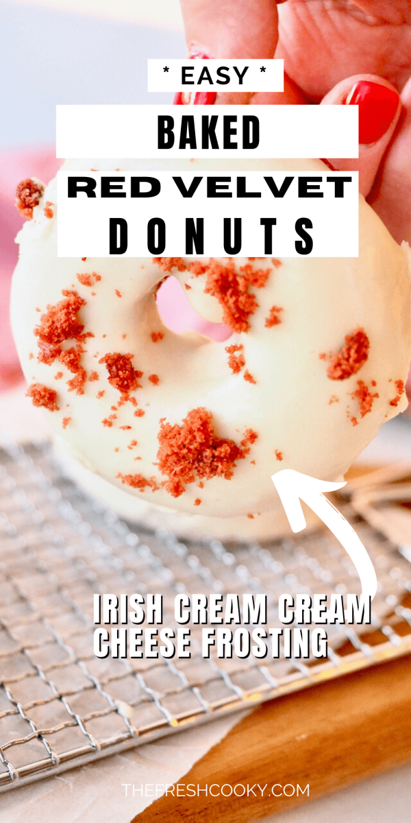 Easy red velvet donuts with hand holding donut up with delicious glaze.
