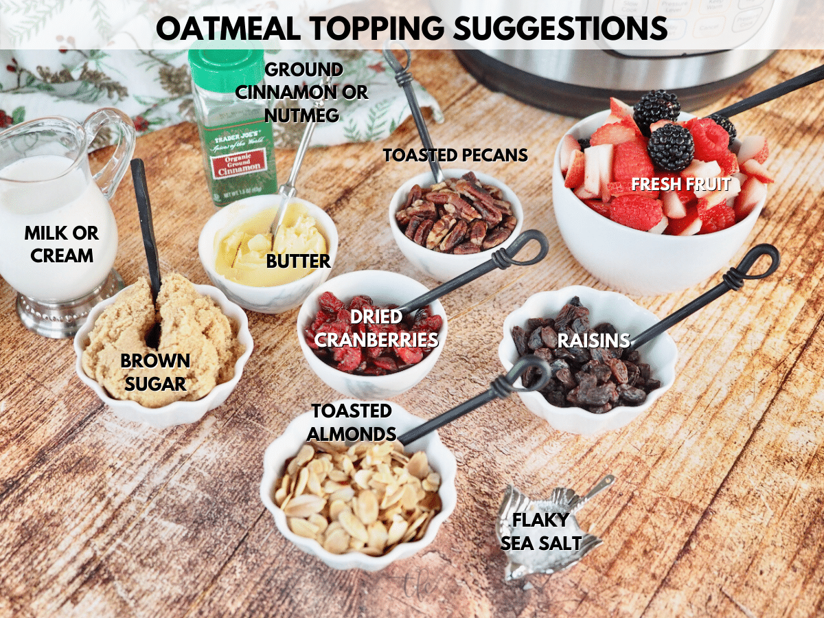Instant Pot oatmeal topping ideas and mix-ins labeled ingredients.