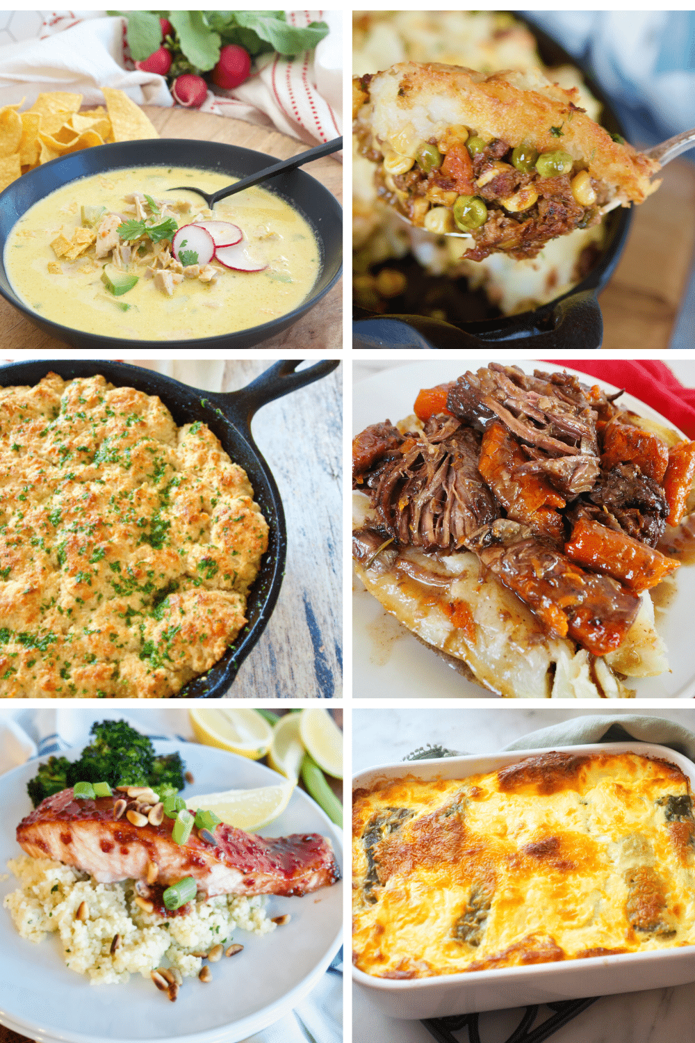 6 grid with images for comfort food recipes L-R poblano soup, shepherd's pie, cheddar bay biscuits, pot roast, raspberry salmon and chile relleno casserole.