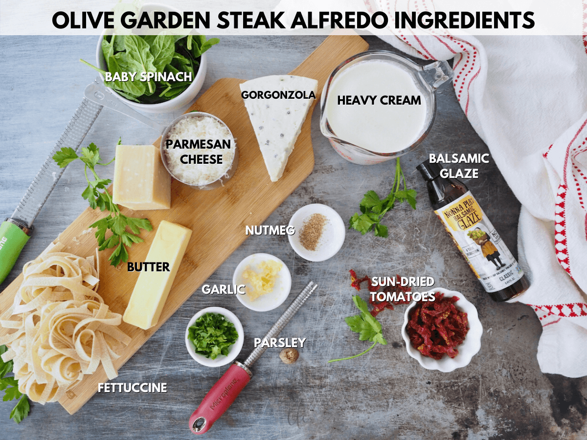 Olive Garden Steak Gorgonzola Alfredo labeled ingredients.