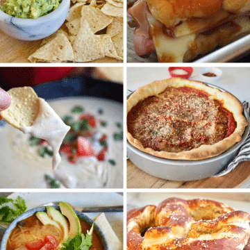 Super Bowl Sunday recipes images guacamole, hammy sammies, white queso, Chicago Style Pizza, Colorado Green Chile, Laugenbretzels.