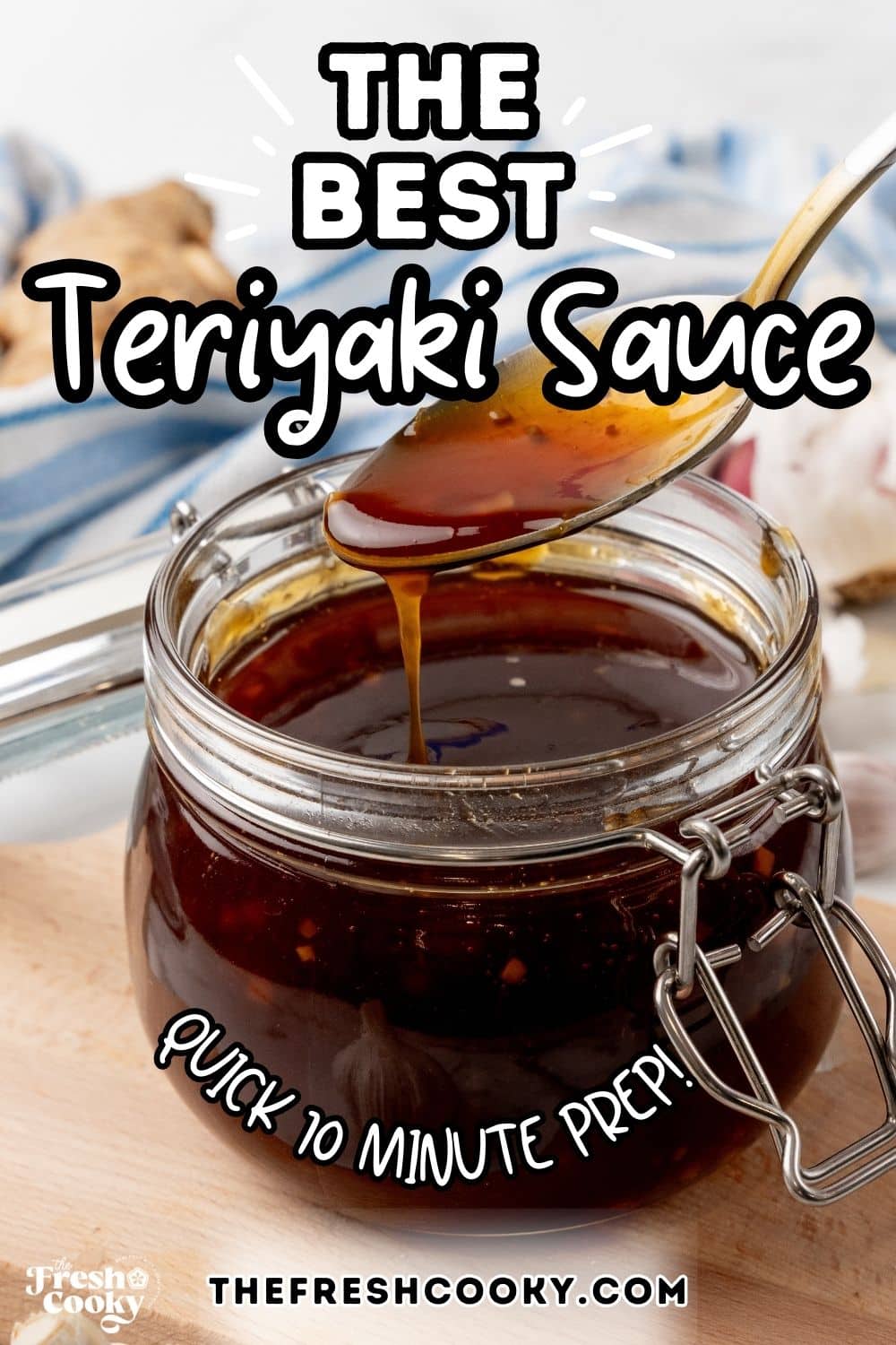 Homemade Teriyaki sauce in a jar with a spoonful - to pin.