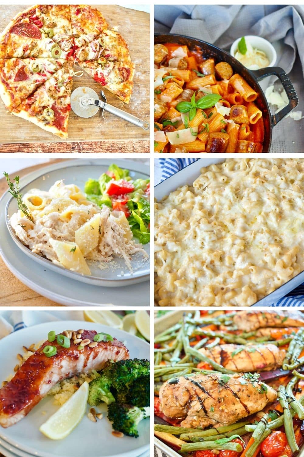 6 image grid of Valentine's Day dinners, Pizza, Penna ala vodka, Olive Garden Chicken, Smoked Mac and Cheese, Raspberry Salmon, Balsamic Chicken.