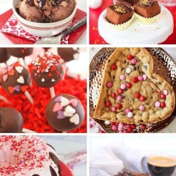 Valentine's Day Desserts picture is 6 blocks, Ferrero Rocher Ice Cream, Champagne Truffles, Cake pop Truffles, Giant Heart Cookie, Easy Light Chocolate Cake and Tiramisu.