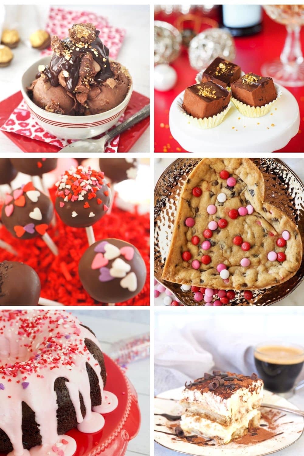 Valentine's Day Desserts picture is 6 blocks, Ferrero Rocher Ice Cream, Champagne Truffles, Cake pop Truffles, Giant Heart Cookie, Easy Light Chocolate Cake and Tiramisu.