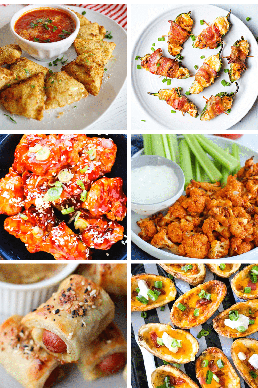 Grid image of various appetizer recipes made in the air fryer. Super Bowl Recipes to make in your Air Fryer.