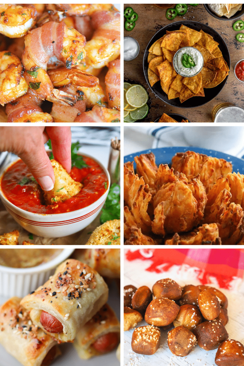 Grid image of 6 various recipes for your air fryer for the Super Bowl.