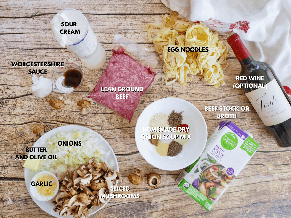 Labeled Ingredients for Instant Pot Ground Beef stroganoff.