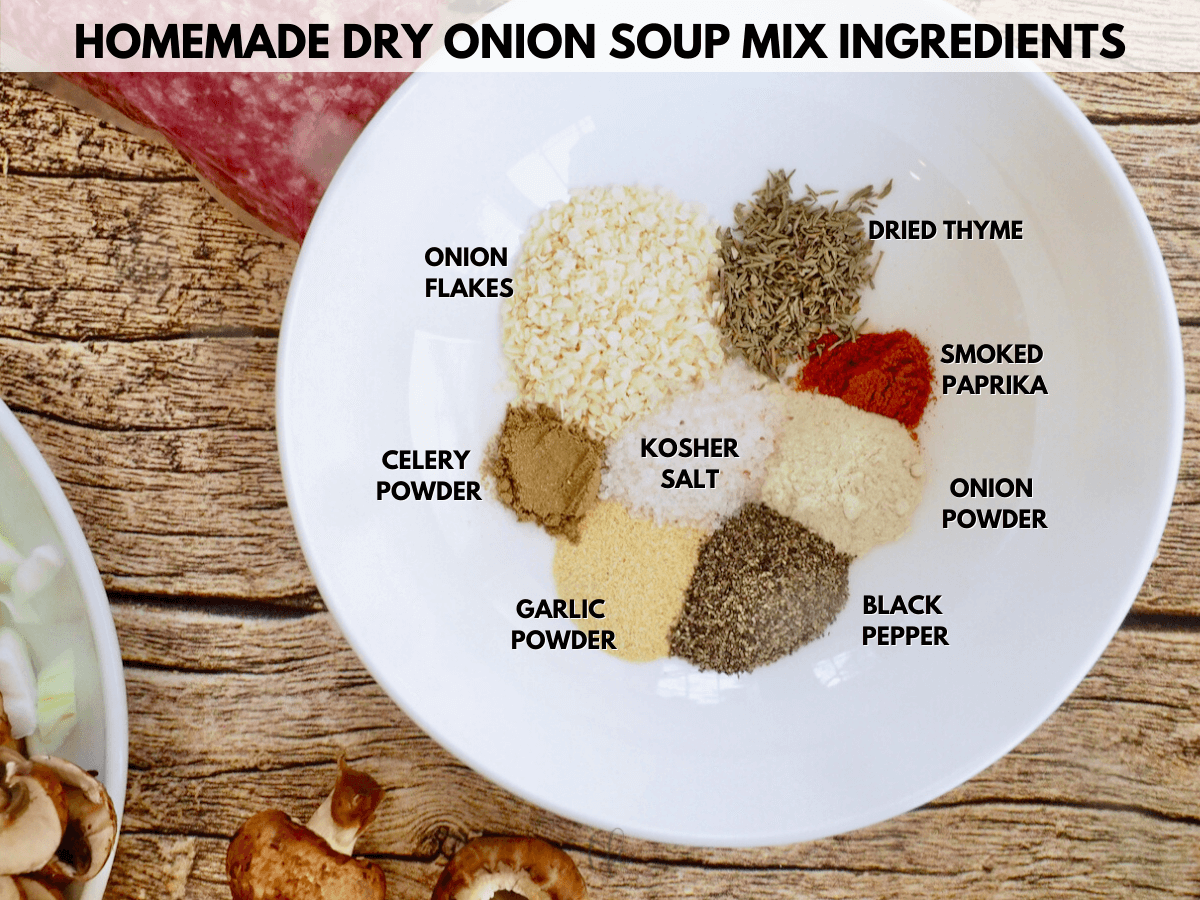 Labeled ingredients for homemade dry onion soup mix.