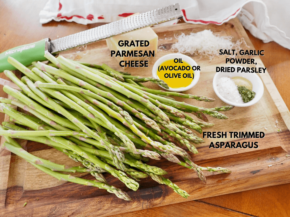 Labeled ingredients for Air Fryer Asparagus recipe.