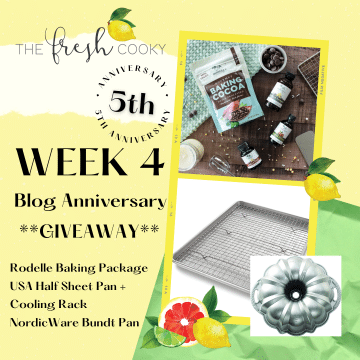 Week 4 Blog Anniversary giveaway with Rodelle baking package, half sheet pan and cooling rack and bundt pan.