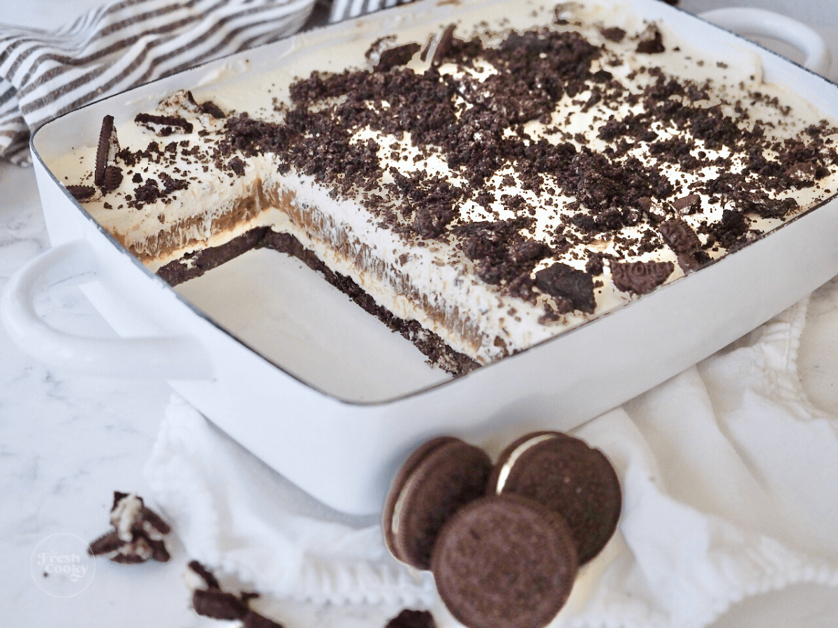 Oreo Dessert pudding with no cool Whip in pan Horizontal .