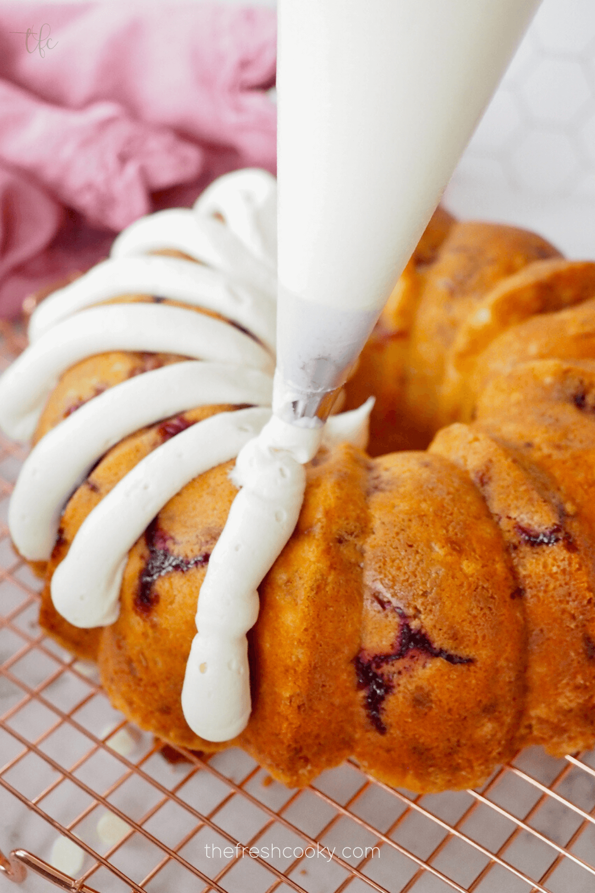 Frosting from outside to in for "fingers" of frosting on bundt cake. 