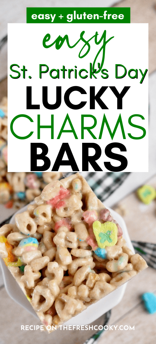Easy Lucky Charms Bars pin with image of square of lucky charms treats on a pedestal.