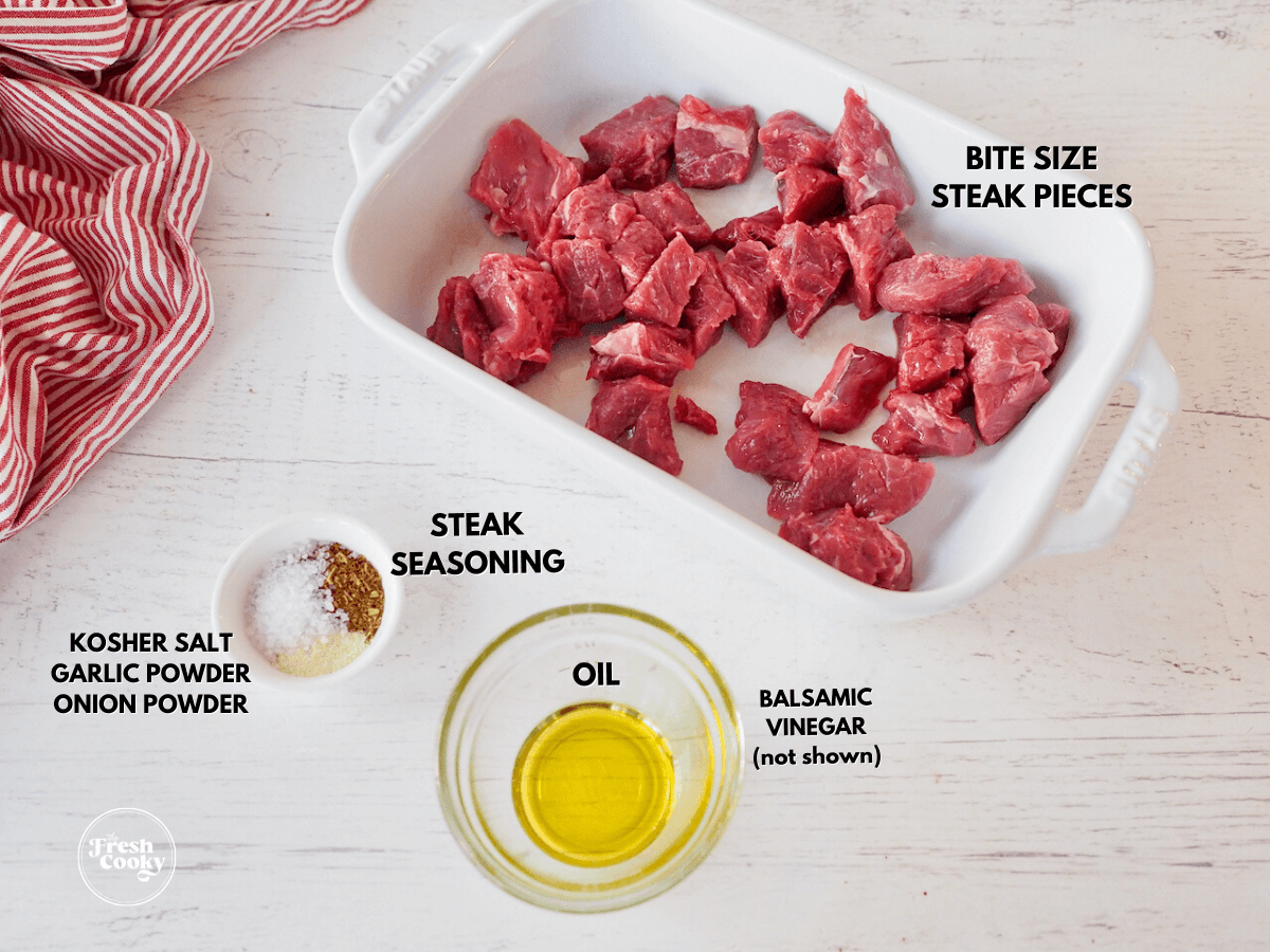 Labeled ingredients for Air Fryer Steak Tips.