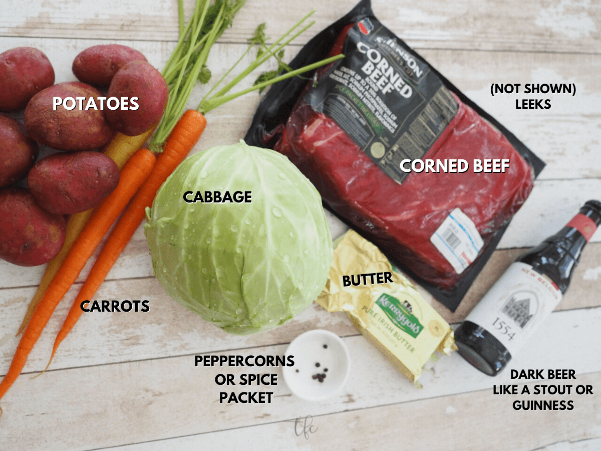 Ingredients labeled for baked Corned Beef Recipe.