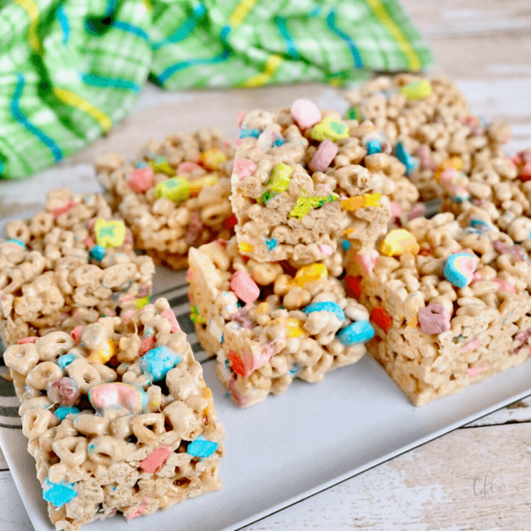 Lucky Charms Bars on a tray cut into squares.