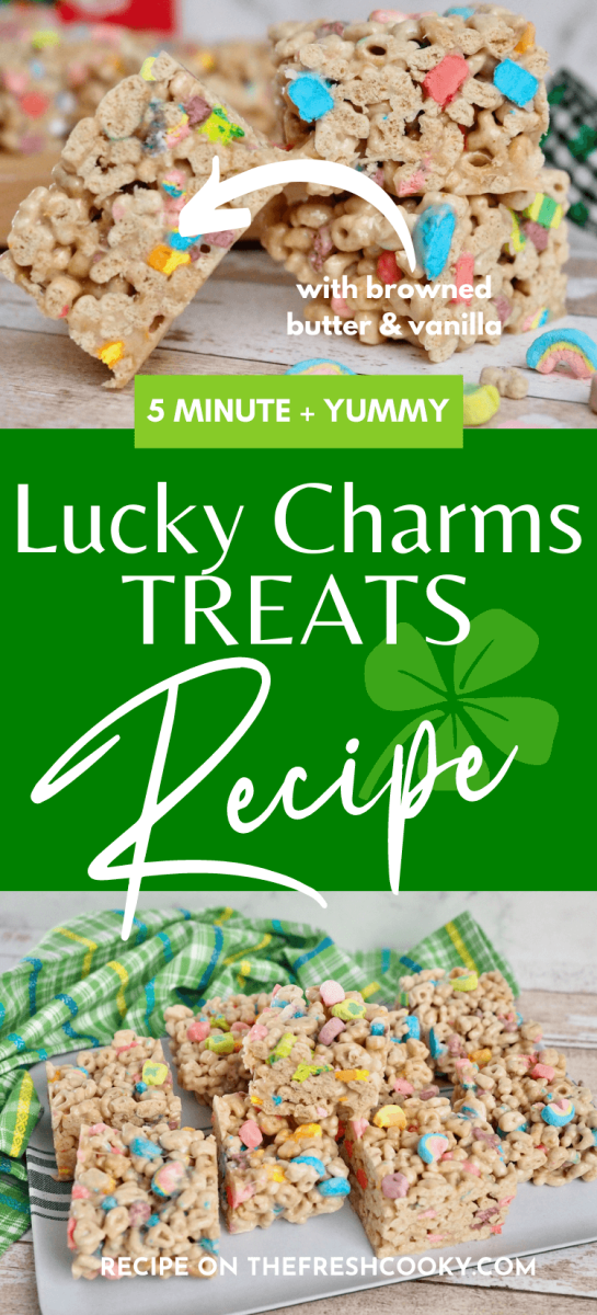 Pin for Lucky Charms Treats Recipe naturally gluten-free with vanilla bean paste and browned butter.