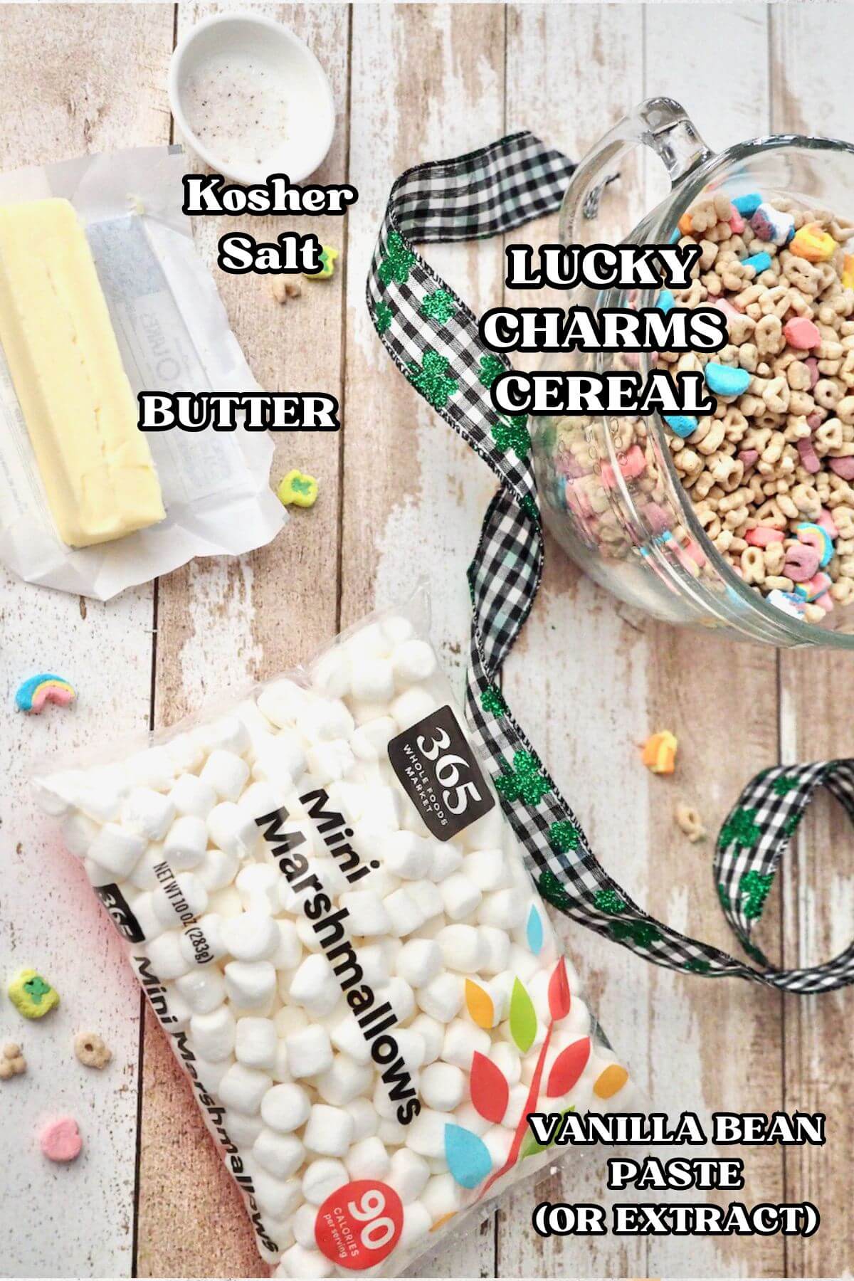 Labeled ingredients for Lucky Charms Rice Krispie treats.