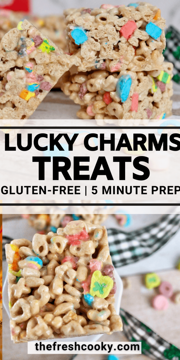 Pin for lucky charms treats with images of stacked lucky charms bars.