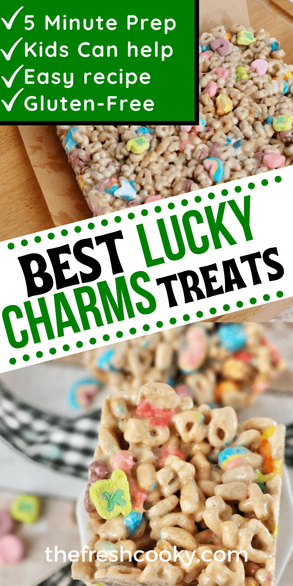 Pin for best lucky charms treats with images of close up of Lucky Charms bars and treats.