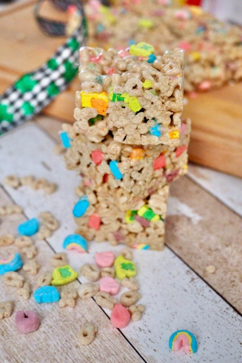 Lucky charms desserts stacked three high. 