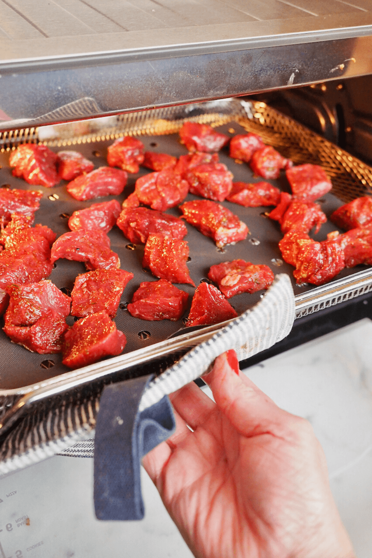 Laying steak tips on air fryer basket and placing in air fryer. 