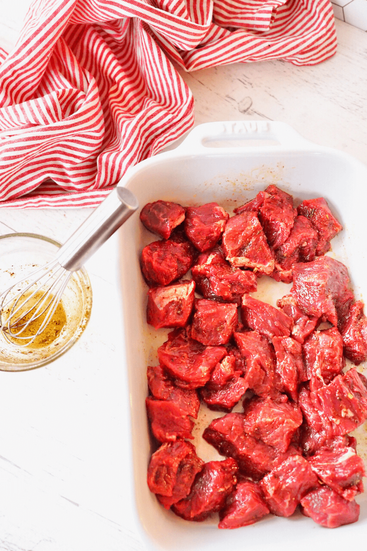 Steak tips marinating ready for air fryer.
